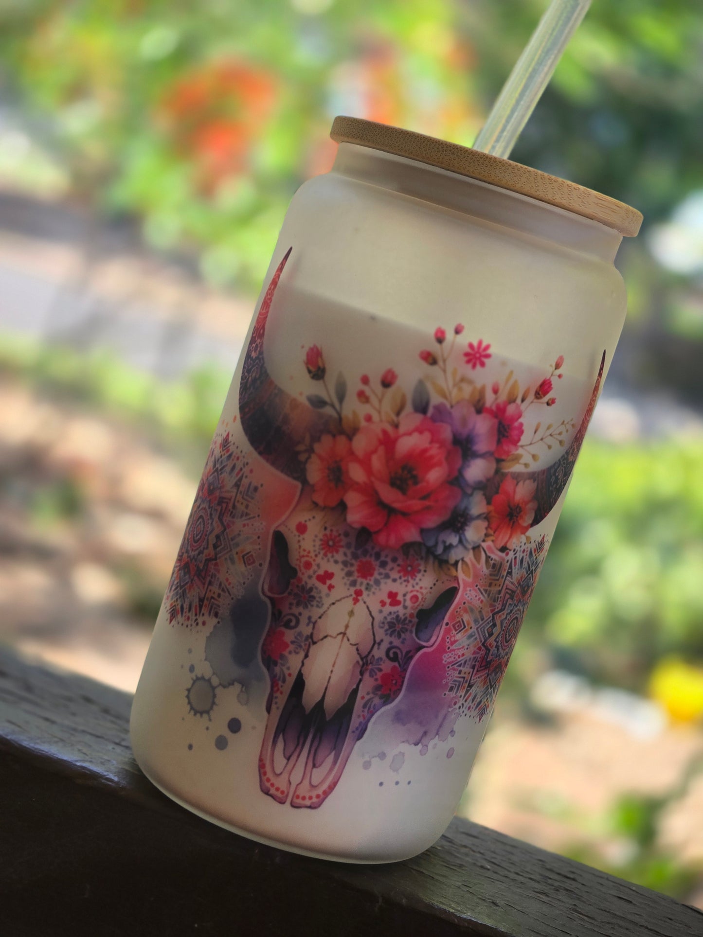 Floral Boho Bullskull 16oz Tumbler
