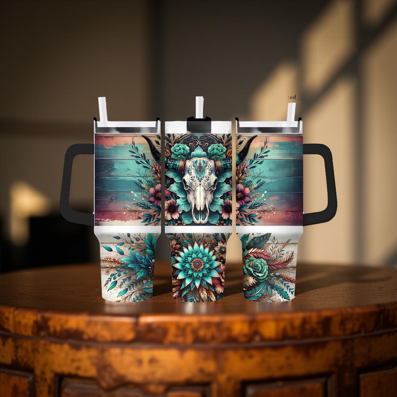 Floral Western Bullskull 40oz Tumbler