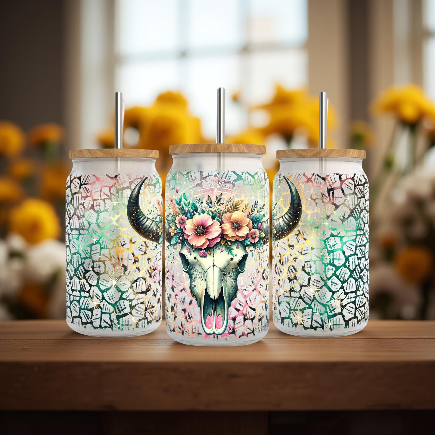 Floral Boho Cow Skull 16oz Tumbler