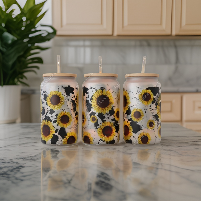 Cowhide Sunflower 16oz Frosted Glass Tumbler