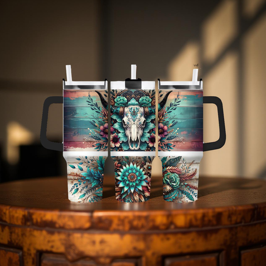 Floral Western Bullskull 40oz Tumbler