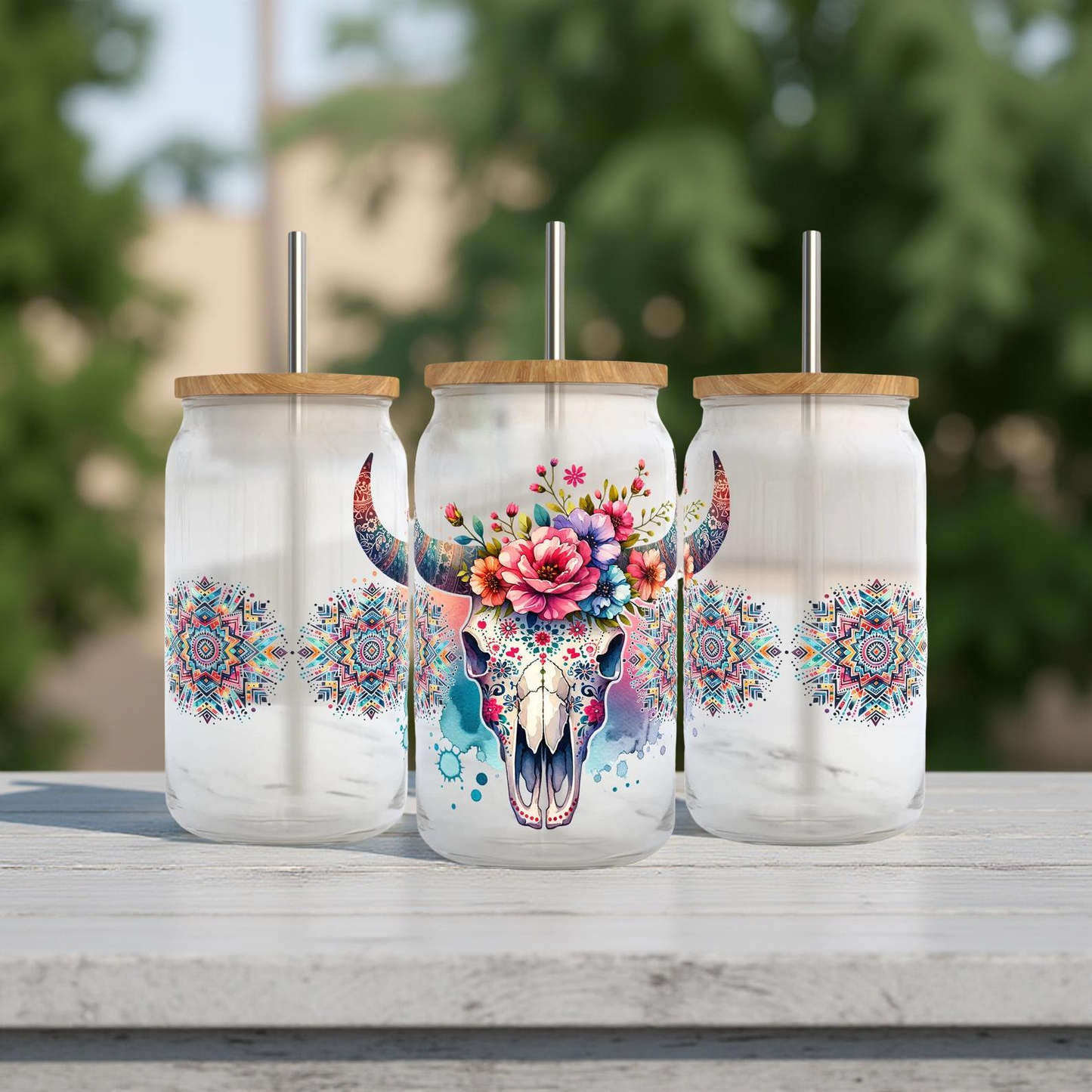 Floral Boho Bullskull 16oz Tumbler