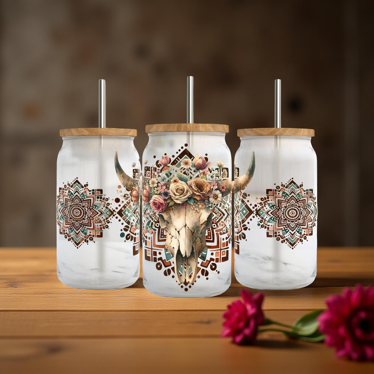 Boho Cow Skull 16oz Tumbler